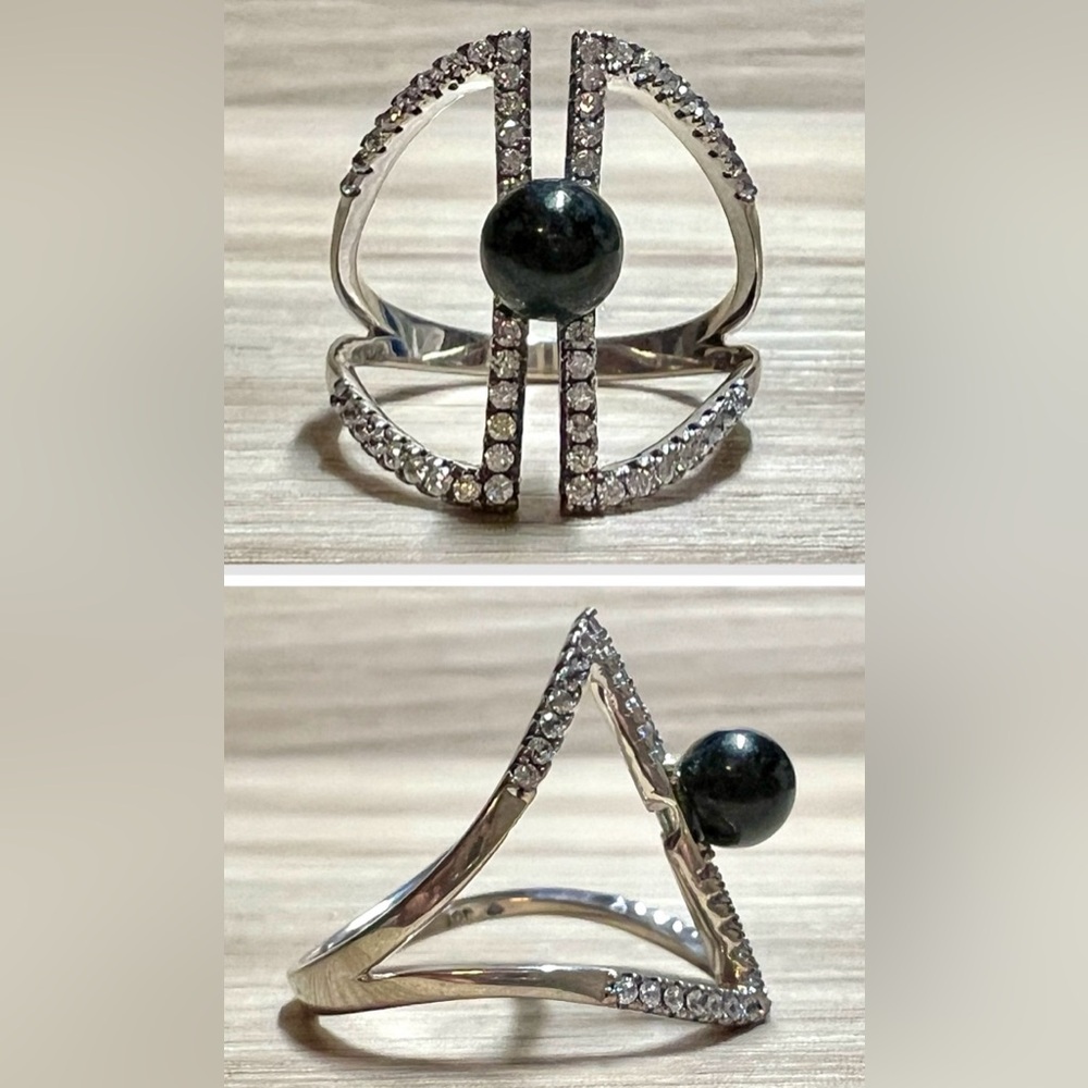 Jade of Yesteryear Sterling Silver Charcoal Jade & CZ Open Band Ring, Size 8.5